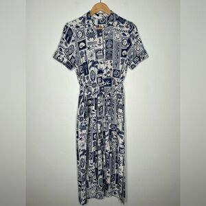 Jane + Delancey Nautical Patterned Maxi Shirt Dress Size Small Linen Blend